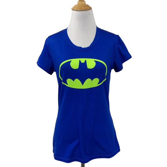 Under Armour T Shirt Women S Small Surf Blue Fitted Batman Logo Heatgear Wicking - Picture 1 of 12